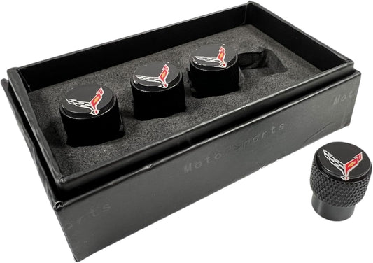 Eurosport Corvette C8 Logo Black Valve Stem Caps - Knurled