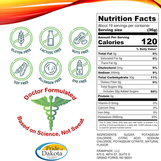 Electrolytes Powder Potassium Supplement - 2000 mg K+, >2X More Than Coconut Water | Cramp Relief and Prevention | Hydration Powder