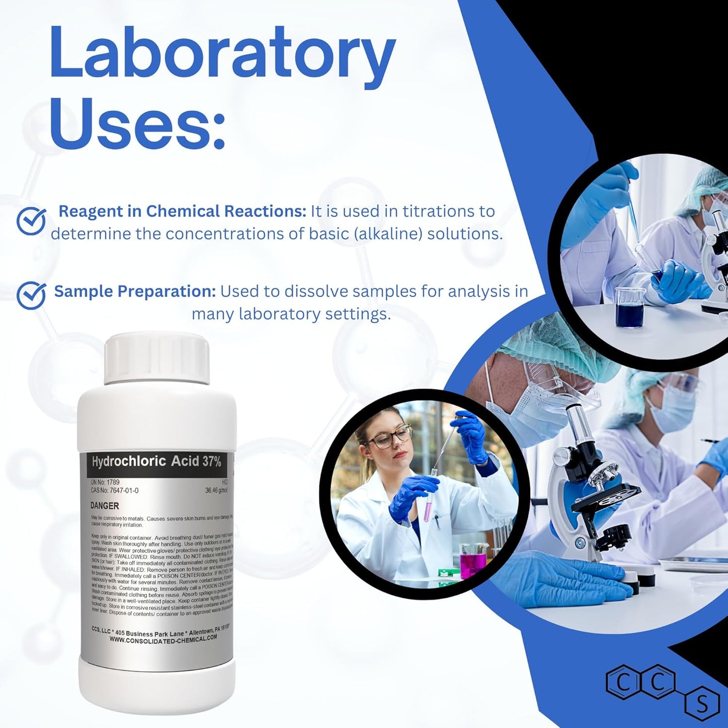 Hydrochloric Acid 37% Premium High Purity ACS Reagent Grade - New Tamper-Evident Sealed Bottles -1000mL (32oz)