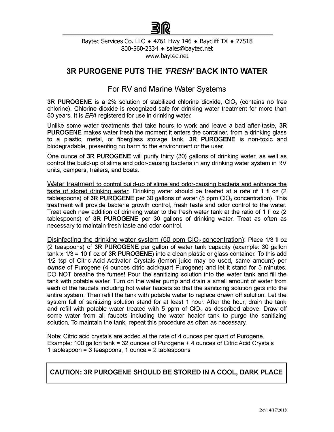 BayTec 16oz Purogene Drinking Water Treatment and Water System Sanitizer. in Water Sanitizes and Water Storage Systems, Provides for Long-Term Storage of Drinking Water