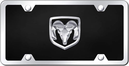 Au-Tomotive Gold, INC. Dodge RAM 3D Logo Black Acrylic License Plate with Chrome Frame Kit