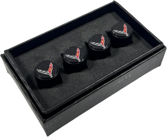 Eurosport Corvette C8 Logo Black Valve Stem Caps - Knurled