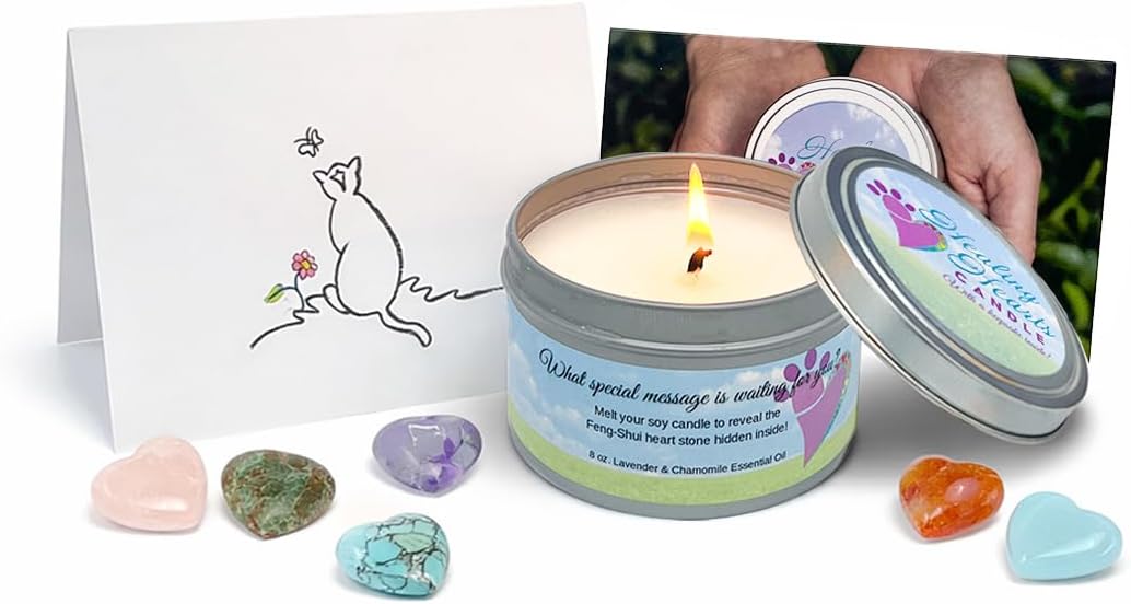 Pet Perennials Cat Memorial Candle – Healing Hearts Soy Wax with Hidden Keepsake Stone & Sympathy Card – Lavender Chamomile Pet Memorial Candle for Remembrance – Grief Gifts for Cat Lovers