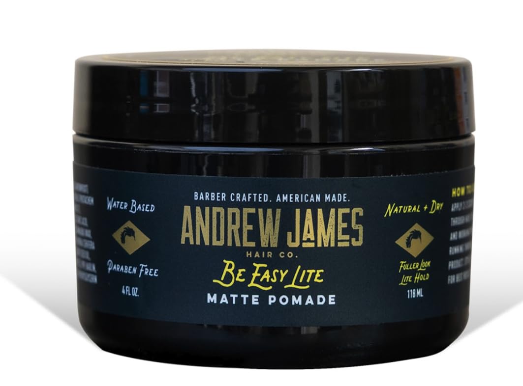 ANDREW JAMES Matte Pomade 4 Ounce | BE EASY LITE | Natural Matte Look| Medium Hold Pomade | Sulfate Free | Provides A Fuller Look For Your Hair | Made For Men And Women
