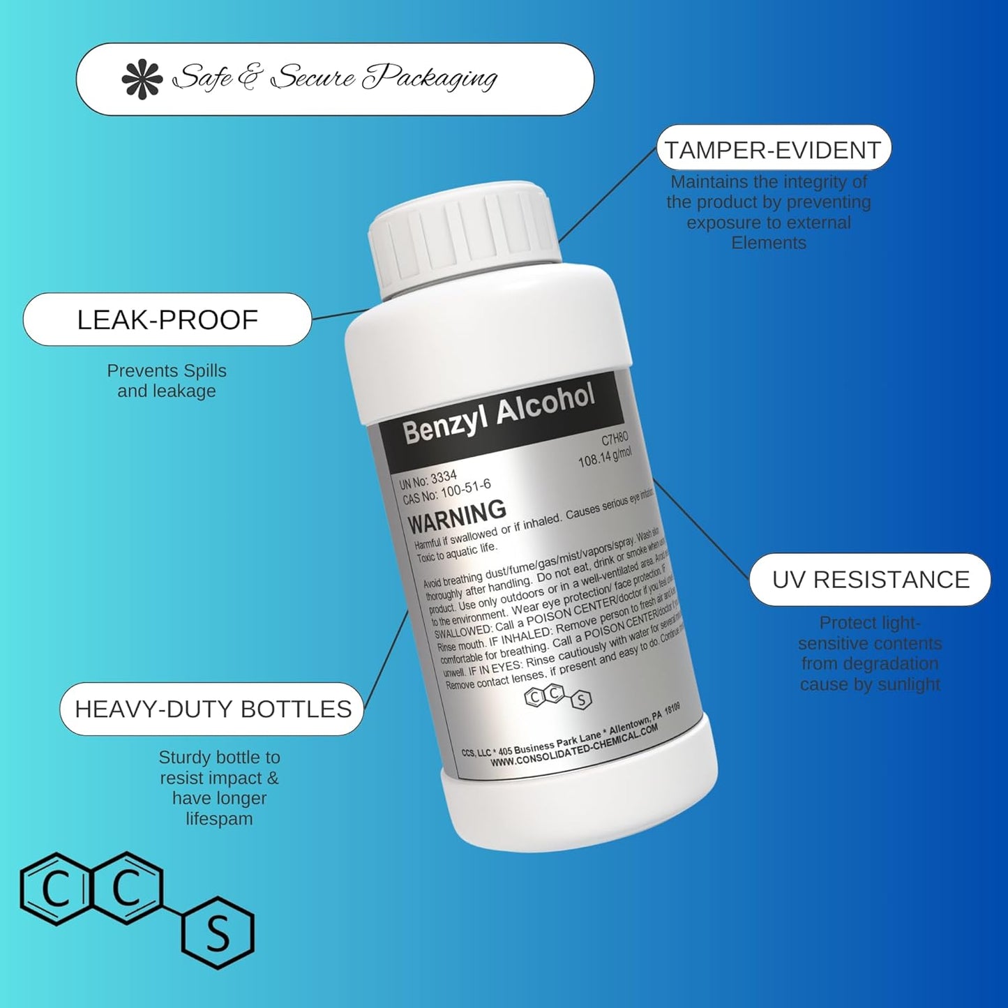 Benzyl Alcohol High Purity - New Tamper-Evident Sealed Bottles 1000ml (32 FL Oz)