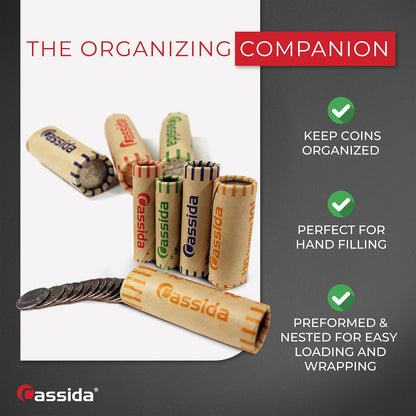 Cassida Preformed Coin Roll Wrappers. 100 Assorted Pack (Penny, Nickel, Dime, Quarter) Durable Preformed Paper Tubes Crimped on One End - Federal Reserve and ABA Standards (A-CWAP)