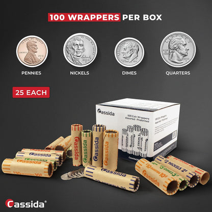 Cassida Preformed Coin Roll Wrappers. 100 Assorted Pack (Penny, Nickel, Dime, Quarter) Durable Preformed Paper Tubes Crimped on One End - Federal Reserve and ABA Standards (A-CWAP)