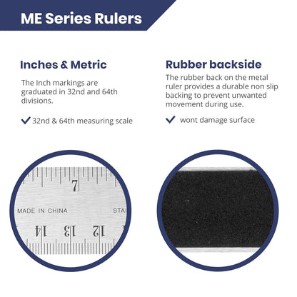 Stainless Steel 36 Inch Metal Ruler Non-Slip Rubber Back, with Inch and Metric Graduations