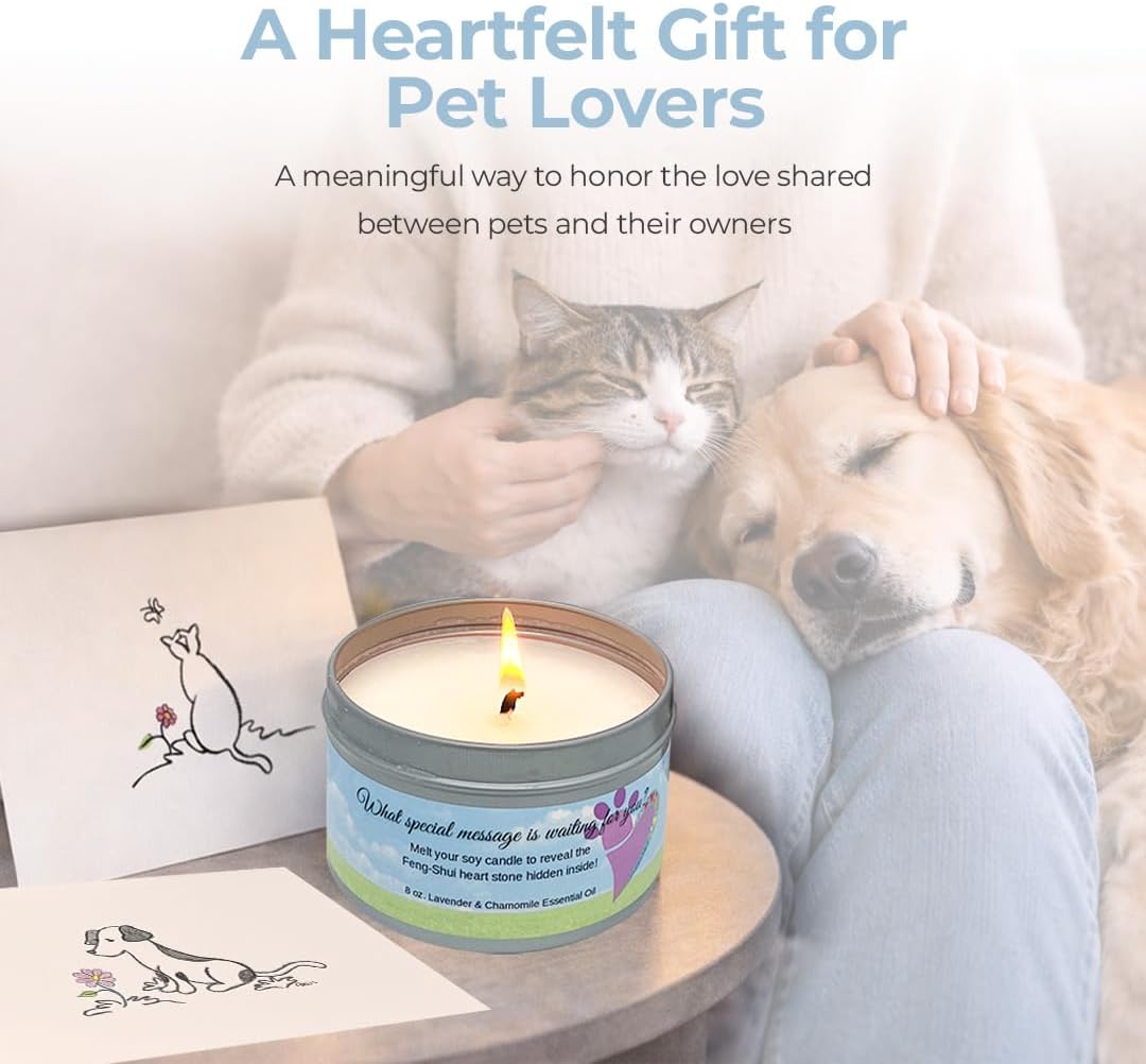 Pet Perennials Cat Memorial Candle – Healing Hearts Soy Wax with Hidden Keepsake Stone & Sympathy Card – Lavender Chamomile Pet Memorial Candle for Remembrance – Grief Gifts for Cat Lovers