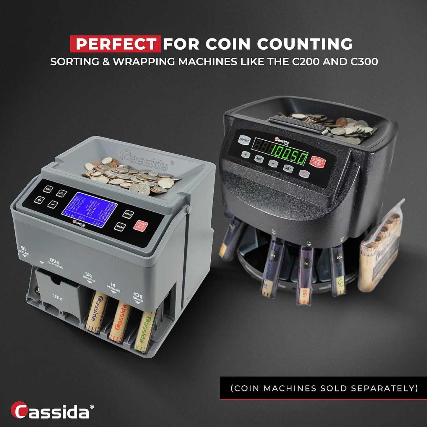 Cassida Preformed Coin Roll Wrappers. 100 Assorted Pack (Penny, Nickel, Dime, Quarter) Durable Preformed Paper Tubes Crimped on One End - Federal Reserve and ABA Standards (A-CWAP)