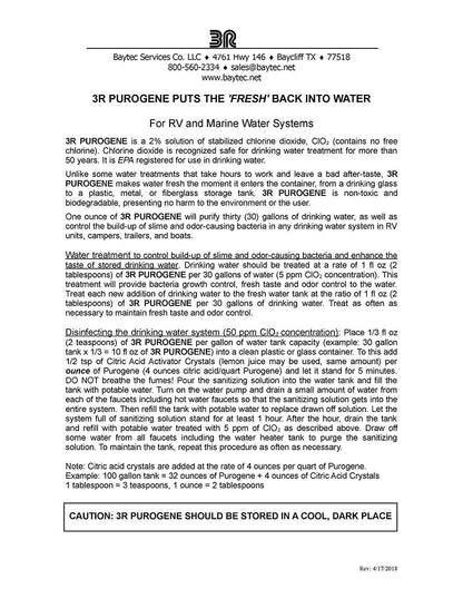 BayTec 16oz Purogene Drinking Water Treatment and Water System Sanitizer. in Water Sanitizes and Water Storage Systems, Provides for Long-Term Storage of Drinking Water