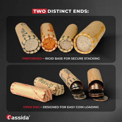 Cassida Preformed Coin Roll Wrappers. 100 Assorted Pack (Penny, Nickel, Dime, Quarter) Durable Preformed Paper Tubes Crimped on One End - Federal Reserve and ABA Standards (A-CWAP)