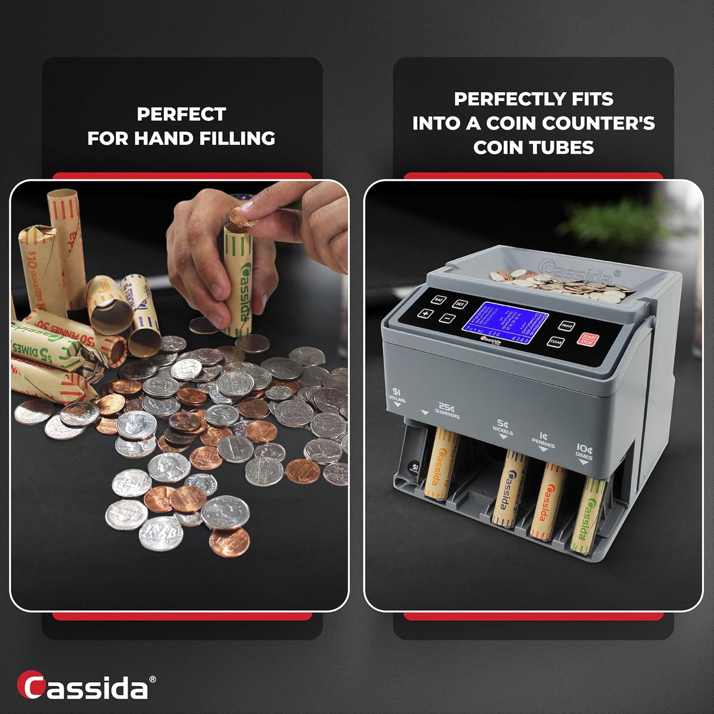 Cassida Preformed Coin Roll Wrappers. 100 Assorted Pack (Penny, Nickel, Dime, Quarter) Durable Preformed Paper Tubes Crimped on One End - Federal Reserve and ABA Standards (A-CWAP)