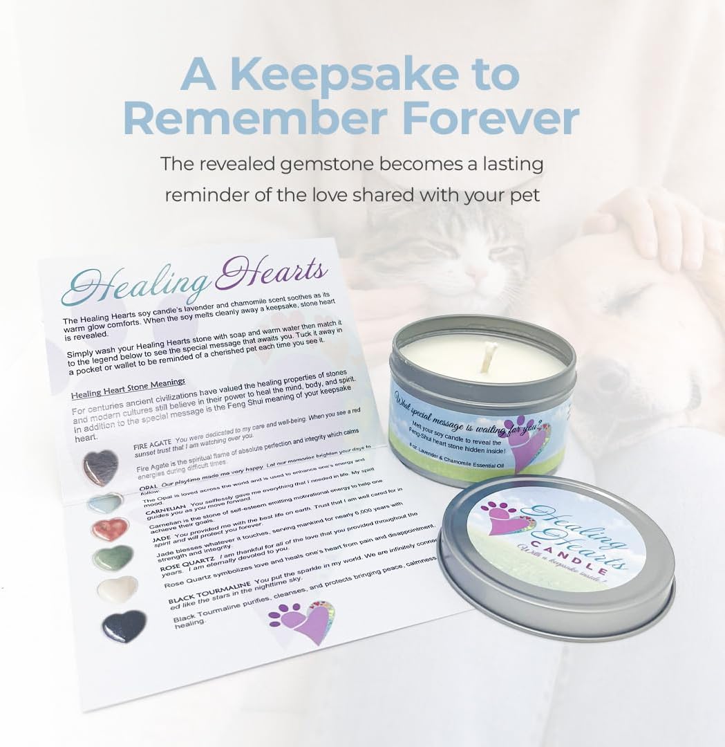Pet Perennials Cat Memorial Candle – Healing Hearts Soy Wax with Hidden Keepsake Stone & Sympathy Card – Lavender Chamomile Pet Memorial Candle for Remembrance – Grief Gifts for Cat Lovers
