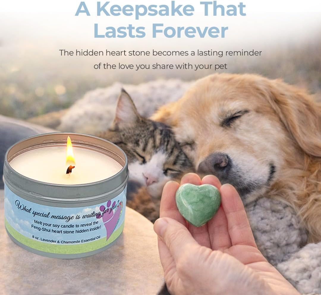 Pet Perennials Cat Memorial Candle – Healing Hearts Soy Wax with Hidden Keepsake Stone & Sympathy Card – Lavender Chamomile Pet Memorial Candle for Remembrance – Grief Gifts for Cat Lovers